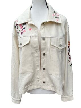 Dolan Anthropologie Floral Embroidered 100% Cotton Trucker Jacket NWOT Large